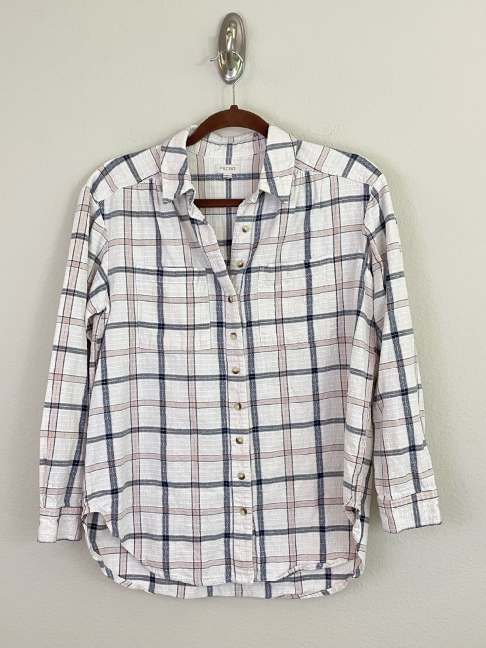 Pilcro Ecru Metallic Plaid‎ Button-Up Shirt with Navy & Blush Checks Size Small